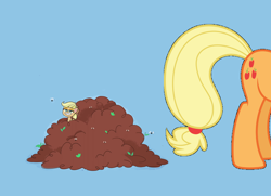 Size: 2208x1600 | Tagged: artist needed, safe, edit, edited screencap, imported from derpibooru, screencap, applejack, earth pony, fly, insect, pony, my little pony: pony life, the 5 habits of highly effective ponies, spoiler:pony life s01e34, cutie mark, female, fertilizer, flank, g4.5, generational ponidox, implied poop, mare, rear, solo, toilet humor, vector