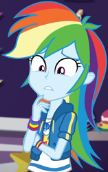 Size: 651x1035 | Tagged: safe, imported from derpibooru, screencap, rainbow dash, equestria girls, equestria girls series, holidays unwrapped, spoiler:eqg series (season 2), canterlot mall, clothes, cloud, cropped, crossed arm, cute, dashabetes, dashing through the mall, female, geode of super speed, hoodie, jacket, jewelry, looking down, magical geodes, merchandise, multicolored hair, necklace, pants, rainbow, rainbow hair, shirt, short sleeves, store, t-shirt, thunderbolt, wristband