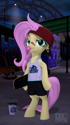 Size: 1080x1920 | Tagged: safe, artist:owlpirate, imported from derpibooru, fluttershy, semi-anthro, 3d, 90s grunge fluttershy, backwards ballcap, bandaid on nose, baseball cap, bubblegum, cap, clothes, drink, drinking straw, ear piercing, earring, food, gameloft, gameloft interpretation, gum, hat, jewelry, piercing, punk, skateboard, solo, straw