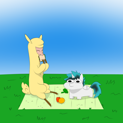 Size: 5315x5315 | Tagged: safe, artist:depressant, artist:thatsbadboi, imported from derpibooru, paprika paca, oc, oc:nich, alicorn, pony, them's fightin' herds, community related, paprika (tfh), picnic, squatpony