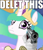 Size: 600x692 | Tagged: safe, edit, edited screencap, imported from derpibooru, screencap, princess celestia, pony, 28 pranks later, caption, delet this, female, gun, image macro, looking at you, m1911, meme, reaction image, solo, suddenly hands, text, weapon