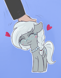 Size: 1160x1480 | Tagged: safe, artist:t72b, imported from derpibooru, silver spoon, earth pony, human, pony, behaving like a cat, blushing, cute, daaaaaaaaaaaw, disembodied hand, eyes closed, female, filly, floppy ears, glasses, hand, happy, head pat, heart, human on pony petting, jewelry, mare, messy mane, necklace, pat, pearl necklace, petting, scratching, silverbetes, simple background, weapons-grade cute