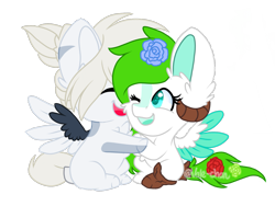 Size: 1439x1080 | Tagged: safe, artist:silentwolf-oficial, imported from derpibooru, oc, oc only, pegasus, pony, chibi, duo, flower, flower in hair, hug, one eye closed, open mouth, pegasus oc, simple background, transparent background, two toned wings, wings, wink