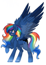 Size: 1080x1513 | Tagged: safe, artist:silentwolf-oficial, imported from derpibooru, oc, oc only, oc:crescent star, pegasus, pony, ethereal mane, multicolored hair, open mouth, pegasus oc, rainbow hair, simple background, solo, starry mane, transparent background, watermark, wings