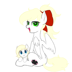 Size: 1300x1300 | Tagged: safe, artist:lemon, imported from derpibooru, oc, oc only, oc:kyrie, oc:luftkrieg, pegasus, aryan pony, bowtie, cute, cutie mark, duo female, female, filly, hair bow, looking at you, looking back at you, looking over shoulder, mare, open mouth, pegasus oc, smiling, smug, white background, wings, wip