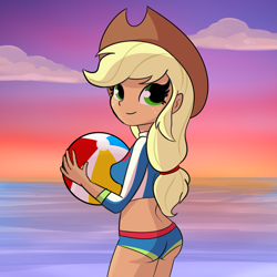 Size: 2531x2531 | Tagged: safe, artist:tjpones, imported from derpibooru, applejack, equestria girls, applebutt, applejack's beach shorts swimsuit, ass, beach, beach ball, beach shorts swimsuit, bikini, bikini bottom, breasts, busty applejack, butt, clothes, cute, female, jackabetes, looking at you, looking back, looking back at you, midriff, ocean, smiling, solo, sunset, swimsuit