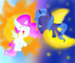 Size: 1666x1407 | Tagged: safe, artist:ameliayap, imported from derpibooru, princess celestia, princess luna, alicorn, pony, cute, duo, female, filly, moon, sun, younger