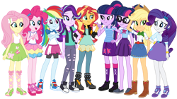 Size: 1024x574 | Tagged: safe, artist:emeraldblast63, imported from derpibooru, applejack, fluttershy, pinkie pie, rainbow dash, rarity, sci-twi, starlight glimmer, sunset shimmer, twilight sparkle, alicorn, equestria girls, beanie, boots, clothes, converse, feet, female, glasses, hat, humane five, humane seven, humane six, redesign, shoes, simple background, skirt, tanktop, transparent background, twilight sparkle (alicorn), twolight