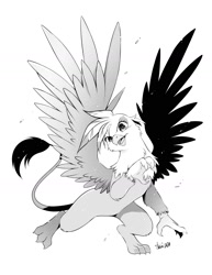 Size: 1224x1584 | Tagged: safe, artist:nekoshiei, imported from derpibooru, gilda, griffon, female, monochrome, open mouth, simple background, solo, spread wings, white background, wings