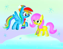 Size: 1342x1043 | Tagged: safe, artist:ameliayap, imported from derpibooru, fluttershy, rainbow dash, pegasus, pony, clothes, cute, duo, female, scarf, snow