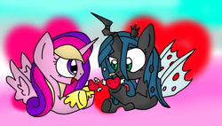 Size: 916x521 | Tagged: safe, artist:ameliayap, imported from derpibooru, princess cadance, queen chrysalis, alicorn, changeling, pony, duo, female, heart