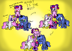 Size: 2045x1462 | Tagged: safe, artist:ameliayap, imported from derpibooru, princess cadance, princess celestia, princess luna, twilight sparkle, alicorn, pony, unicorn, cewestia, chibi, cute, female, filly, filly cadance, filly celestia, filly luna, filly twilight sparkle, pink-mane celestia, s1 luna, twilight sparkle (alicorn), unicorn twilight, woona, young, younger