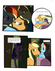 Size: 1700x2189 | Tagged: safe, artist:cmara, imported from derpibooru, applejack, rainbow dash, twilight sparkle, alicorn, earth pony, pegasus, pony, comic:i'm busy, appledash, applejack's hat, bandage, bed, blanket, blood, comic, cowboy hat, crying, door, female, grin, hat, hospital, hospital bed, hug, lesbian, mare, o.o, pillow, raised hoof, shipping, shocked, simple background, smiling, tears of joy, twilight sparkle (alicorn), white background