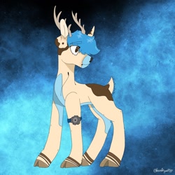 Size: 1280x1280 | Tagged: safe, artist:ravenroyal21, imported from derpibooru, deer, deer pony, original species, pony, abstract background, antlers, cloven hooves, crankgameplays, looking back, male, ponified, signature, solo, stallion