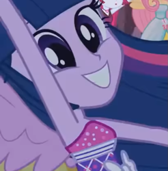 Size: 615x625 | Tagged: safe, imported from derpibooru, screencap, fluttershy, twilight sparkle, alicorn, equestria girls, equestria girls (movie), armpits, arms in the air, bare shoulders, clothes, cropped, cute, dress, fall formal outfits, female, happy, ponied up, sleeveless, sleeveless dress, smiling, solo focus, strapless, twiabetes, twilight ball dress, twilight sparkle (alicorn)