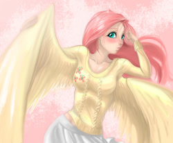 Size: 984x812 | Tagged: artist needed, source needed, safe, imported from derpibooru, fluttershy, human, abstract background, clothes, female, humanized, looking at you, solo, sweater, sweatershy, winged humanization, wings