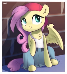 Size: 2563x2841 | Tagged: safe, artist:nookprint, imported from derpibooru, fluttershy, pegasus, pony, 90s grunge fluttershy, backwards ballcap, baseball cap, belt, brick wall, cap, chest fluff, clothes, female, gameloft, gameloft interpretation, hat, head turn, looking at you, mare, one wing out, outdoors, raised hoof, shirt, sitting, skirt, smiling, solo, t-shirt, turned head, wings