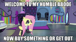 Size: 1200x675 | Tagged: safe, imported from derpibooru, screencap, fluttershy, pony, fake it 'til you make it, caption, clothes, female, fluttergoth, image macro, mare, text