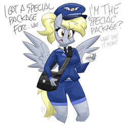 Size: 1500x1500 | Tagged: safe, artist:flutterthrash, imported from derpibooru, derpy hooves, anthro, breasts, busty derpy hooves, clothes, dialogue, equestria's best mailmare, female, hat, mailbag, mailmare, mailmare uniform, simple background, solo, white background