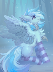 Size: 889x1200 | Tagged: safe, artist:margony, imported from derpibooru, oc, oc only, oc:snowflake, pegasus, pony, chest fluff, clothes, ear fluff, scarf, snow, socks, solo, striped socks, winter