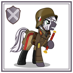 Size: 3000x3000 | Tagged: safe, artist:brony-works, imported from derpibooru, oc, oc only, oc:palatinatus clypeus, pony, zebra, blind eye, clothes, cutie mark, eye scar, grin, helmet, high res, history, male, nazi, nazi germany, nazi uniform, scar, smiling, solo, stallion, tail wrap, uniform, zebra oc