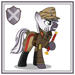 Size: 3000x3000 | Tagged: safe, alternate version, artist:brony-works, imported from derpibooru, oc, oc only, oc:palatinatus clypeus, pony, zebra, afrika korps, blind eye, clothes, cutie mark, eye scar, grin, high res, history, male, nazi, nazi germany, nazi insignia, nazi uniform, scar, smiling, solo, stallion, tail wrap, uniform, zebra oc