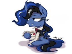 Size: 3000x2250 | Tagged: safe, artist:musical ray, imported from derpibooru, oc, oc only, oc:pain melody, alicorn, pony, alicorn oc, clothes, coffee, coffee mug, cup, darkvision, emoticon, emoticon face, evil, eye mist, fangs, folded wings, horn, lidded eyes, male, mug, necktie, oc villain, sharp teeth, shirt, signature, simple background, sitting, solo, speechless, stallion, teeth, vest, white background, wings