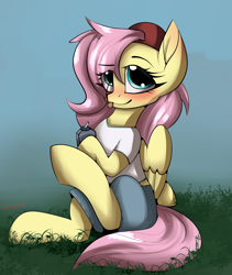 Size: 2050x2424 | Tagged: safe, artist:arume_lux, artist:luxsimx, imported from derpibooru, fluttershy, pegasus, pony, 90s grunge fluttershy, :p, backwards ballcap, baseball cap, blushing, cap, cute, drink, female, gameloft interpretation, hat, shyabetes, sitting, solo, tongue out