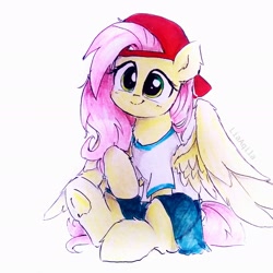 Size: 2222x2222 | Tagged: safe, artist:liaaqila, imported from derpibooru, fluttershy, pegasus, pony, 90s grunge fluttershy, backwards ballcap, baseball cap, cap, cute, ear fluff, female, gameloft interpretation, hat, leg fluff, mare, shyabetes, sitting, solo, traditional art