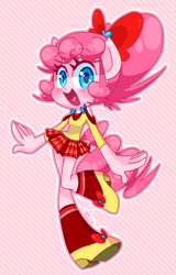 Size: 800x1250 | Tagged: safe, artist:thegreatrouge, imported from derpibooru, pinkie pie, anthro, clothes, high heels, open mouth, ribbon, shoes, skirt, socks