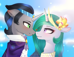 Size: 1280x989 | Tagged: safe, artist:selena9966, idw, imported from derpibooru, king sombra, princess celestia, alicorn, pony, blushing, blushing ears, celestibra, cute, cutelestia, ear blush, eye contact, female, floppy ears, flower, flower in hair, good king sombra, heart, lens flare, looking at each other, male, shipping, sombradorable, straight, watermark