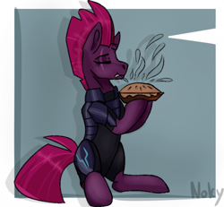 Size: 960x886 | Tagged: dead source, safe, artist:zarioly, imported from derpibooru, tempest shadow, pony, unicorn, armor, bodysuit, broken horn, clothes, cute, eye scar, eyes closed, female, food, horn, indexed png, licking, licking lips, mare, pie, raised hoof, scar, sitting, solo, tempestbetes, tongue out, ych example, your character here