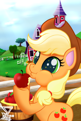 Size: 2486x3729 | Tagged: safe, artist:theretroart88, imported from derpibooru, applejack, earth pony, pony, apple, barn, basket, cowboy hat, cute, cutie mark, eating, female, food, fruit, hat, herbivore, high res, jackabetes, solo, stetson, sweet apple acres