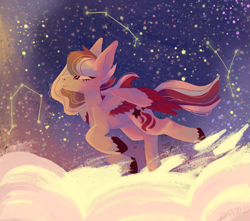 Size: 2271x2005 | Tagged: safe, artist:raya, imported from derpibooru, oc, oc only, oc:dusty ember, pegasus, pony, commission, complex background, constellation, night, pegasus oc, running, solo, stars, unshorn fetlocks, wings