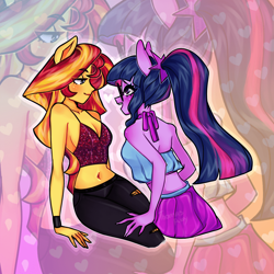 Size: 960x959 | Tagged: safe, artist:thomasray, imported from derpibooru, sci-twi, sunset shimmer, twilight sparkle, equestria girls, adorasexy, alternate hairstyle, backless, bedroom eyes, belly button, blushing, bow, bra, bracelet, breasts, cleavage, clothes, crop top bra, cute, eye clipping through hair, eye contact, eyebrows, eyebrows visible through hair, eyelashes, female, glasses, happy, heart, imminent kissing, jeans, jewelry, lesbian, lidded eyes, looking at each other, midriff, open mouth, pants, ponied up, ponytail, scitwishimmer, sexy, shimmerbetes, shipping, short shirt, sideboob, skirt, sleeveless, smiling, sunsetsparkle, tanktop, thighs, torn clothes, twiabetes, underwear, zoom layer