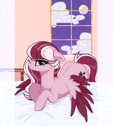 Size: 1934x2160 | Tagged: safe, artist:unichan, imported from derpibooru, oc, oc only, oc:dusty ember, pegasus, pony, bed, commission, cute, simple background, solo, window, ych result