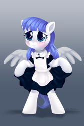 Size: 1500x2250 | Tagged: safe, artist:ariamidnighters, imported from derpibooru, oc, oc:snow pup, pegasus, pony, bipedal, blushing, clothes, collar, gradient background, heart eyes, maid, pet tag, skirt, skirt pull, socks, spread wings, wingding eyes, wings