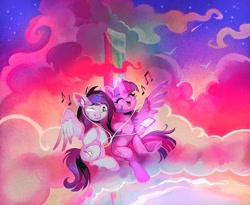 Size: 2048x1678 | Tagged: safe, artist:dearmary, imported from derpibooru, twilight sparkle, oc, alicorn, pegasus, pony, cloud, female, headphones, listening, listening to music, mare, mp3 player, music, music notes, pegasus oc, sharing, sharing headphones, twilight sparkle (alicorn), wings