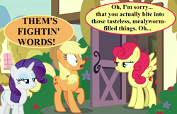 Size: 924x594 | Tagged: safe, edit, edited screencap, imported from derpibooru, screencap, applejack, rarity, strawberry sunrise, honest apple, angry, applejack's hat, backhanded apology, cowboy hat, cropped, dialogue, hat, ponyville, speech bubble, strawberry savage, that pony sure does hate apples