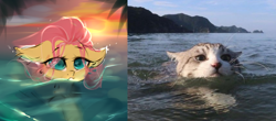 Size: 1788x790 | Tagged: safe, artist:haokan, imported from derpibooru, fluttershy, cat, pegasus, pony, beach, cute, female, mare, ponified animal photo, sketch, solo, sunset, swimming, unfinished art, water, wave, wip