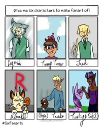 Size: 858x1024 | Tagged: safe, artist:skelet0n_king, imported from derpibooru, twilight sparkle, alicorn, anthro, dog, elf, human, meowth, pony, wolf, six fanarts, :p, anthro with ponies, beastars, bust, cloud, crossover, dark skin, female, frown, human ponidox, jack (beastars), legosi (beastars), male, mare, necktie, petting, pokémon, self ponidox, tail wag, the adventure zone, the fairly oddparents, timmy turner, tongue out, twilight sparkle (alicorn)
