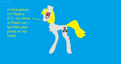 Size: 1606x852 | Tagged: safe, artist:pawstheartest, imported from derpibooru, oc, oc only, pony, unicorn, blue background, chest fluff, female, horn, mare, paw prints, simple background, solo, talking, unicorn oc