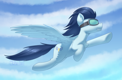 Size: 1693x1119 | Tagged: safe, artist:puetsua, imported from derpibooru, soarin', pegasus, pony, cloud, flying, goggles, gritted teeth, male, old cutie mark, signature, sky, solo, spread wings, stallion, wings