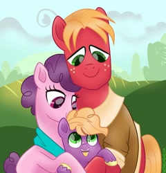 Size: 1280x1332 | Tagged: safe, artist:neondromeda, imported from derpibooru, big macintosh, little mac, sugar belle, earth pony, pony, unicorn, the last problem, colt, family, father and child, father and son, female, hug, like father like son, like mother like son, like parent like child, male, mare, mother and child, mother and son, older big macintosh, older sugar belle, shipping, stallion, straight, sugarmac