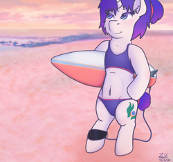 Size: 3356x3127 | Tagged: safe, artist:legionsunite, imported from derpibooru, oc, oc only, oc:magenta pulse, pony, semi-anthro, unicorn, beach, belly button, bikini, clothes, female, mare, solo, sunset, surfboard, swimsuit