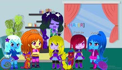 Size: 1280x731 | Tagged: safe, artist:rubyfan1234, imported from derpibooru, adagio dazzle, aria blaze, fuchsia blush, lavender lace, sonata dusk, trixie, equestria girls, female, gacha life, lesbian, shipping, the dazzlings, triagio, trixie and the illusions