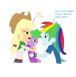 Size: 1568x1574 | Tagged: safe, imported from derpibooru, applejack, rainbow dash, spike, equestria girls, angry, applespike, applespikedash, bisexual, female, fight, lesbian, male, polyamory, rainbowspike, shipping, straight