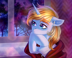 Size: 2691x2197 | Tagged: safe, artist:hakaina, imported from derpibooru, oc, oc only, oc:skydreams, pony, unicorn, blanket, earbuds, female, looking away, mare, solo, tree, window