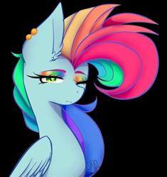 Size: 825x876 | Tagged: safe, artist:flutterwishs143, imported from derpibooru, oc, oc only, oc:rainbow blitz, pegasus, pony, art trade, black background, bust, ear piercing, earring, jewelry, magical lesbian spawn, multicolored hair, offspring, parent:fluttershy, parent:rainbow dash, parents:flutterdash, piercing, portrait, rainbow hair, rainbow makeup, simple background, solo