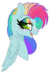 Size: 483x697 | Tagged: safe, artist:angellightyt, imported from derpibooru, oc, oc only, oc:rainbow blitz, pegasus, pony, bust, ear piercing, earring, headshot commission, jewelry, magical lesbian spawn, multicolored hair, offspring, parent:fluttershy, parent:rainbow dash, parents:flutterdash, piercing, portrait, rainbow hair, rainbow makeup, simple background, solo, transparent background